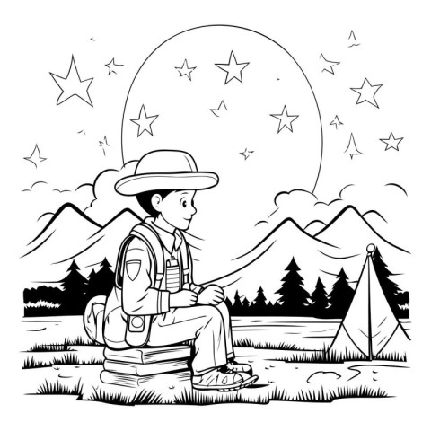 Tourist boy with backpack and tent design. Camping summer outdoo