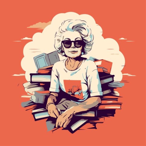 Old woman sitting on pile of books. Vector illustration in retro