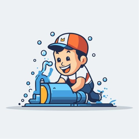 Plumber cartoon character. Cleaning service concept. Vector illu