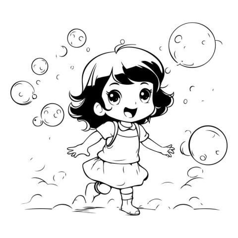 Cute girl playing with soap bubbles. black and white vector illu