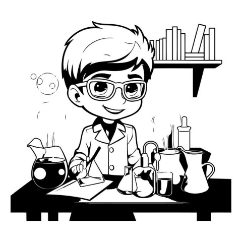 Boy in glasses sitting at the table and drinking tea. Vector ill