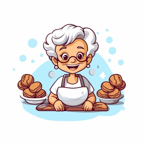 Grandmother sitting in a bowl of walnuts. Vector illustration.