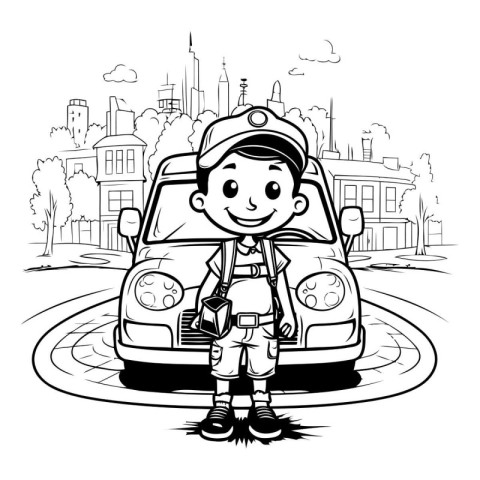 Illustration of a Cute Little Boy Carrying a Car in the City