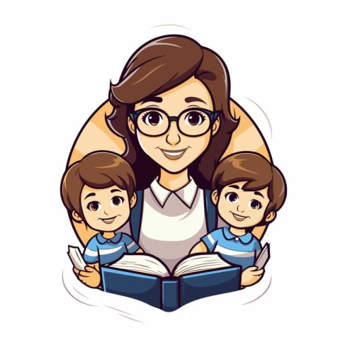 Mother reading a book with her kids. Vector illustration isolate