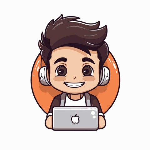 Cute boy with laptop and headphones. Vector cartoon character il