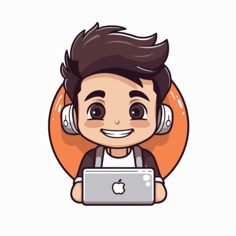 Cute boy with laptop and headphones. Vector cartoon character il