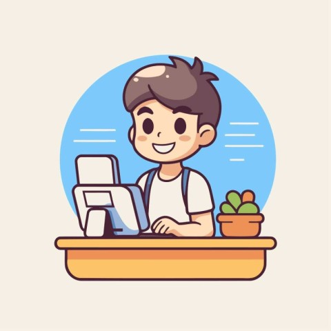 Cute boy with laptop. Vector illustration in a flat style.