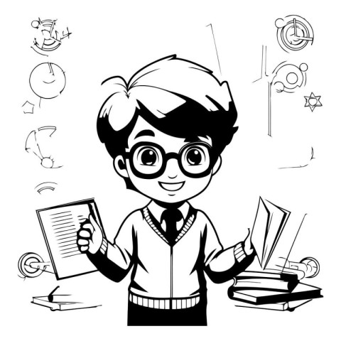 Vector cartoon illustration of schoolboy in glasses with books a