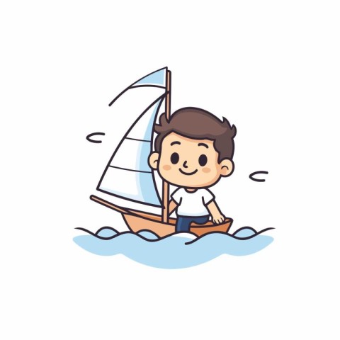 Cute boy sailing on a sailboat in the sea. Vector illustration.