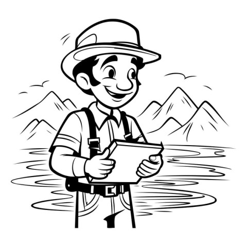 Explorer - Black and White Cartoon Illustration of a Tourist wit