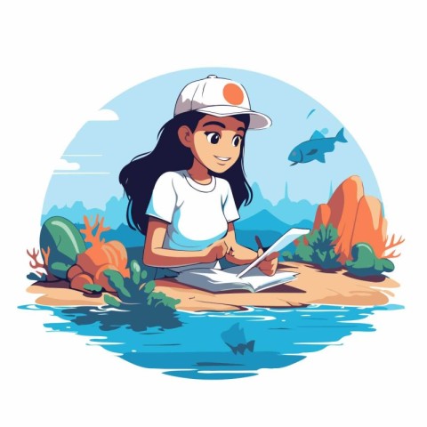 Girl reading book on seashore. Vector illustration in cartoon st