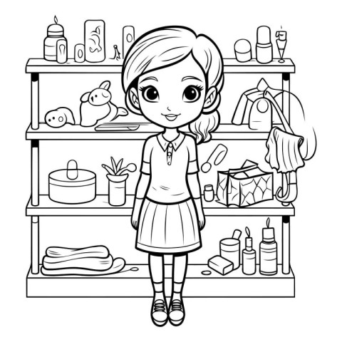 Coloring Page Outline Of Cute Little Girl in the Bathroom