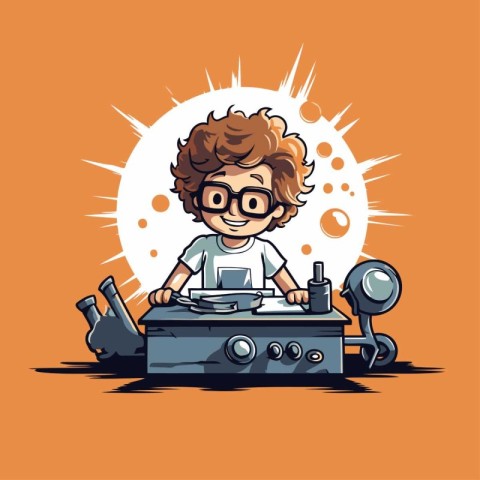 Cute boy playing on turntable. Vector cartoon illustration.