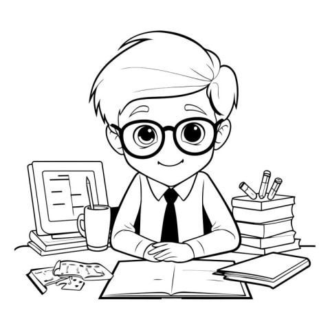 Vector illustration of a schoolboy sitting at the desk and readi