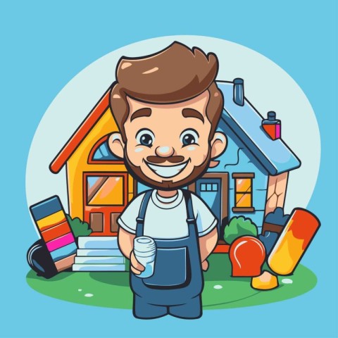 Cute cartoon boy with water bottle and house. Vector illustratio