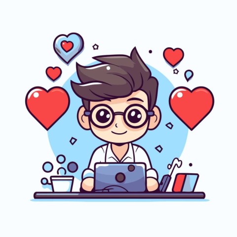 Cute boy using laptop with hearts around him. Vector illustratio