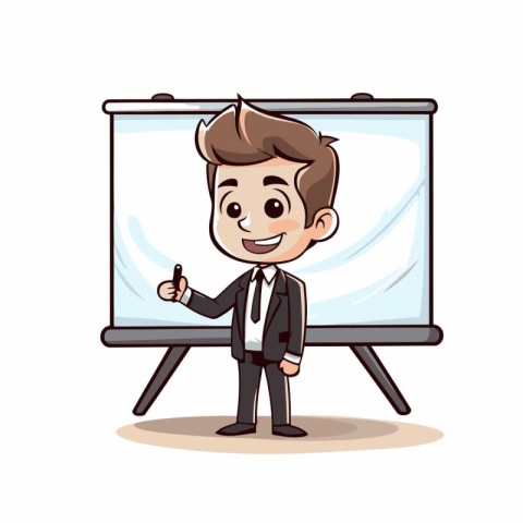 Businessman presenting on a whiteboard. Vector cartoon character