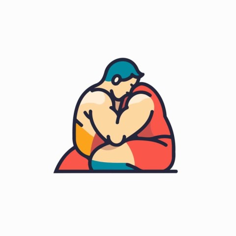 Fat man sitting on the floor. Vector illustration in flat style.