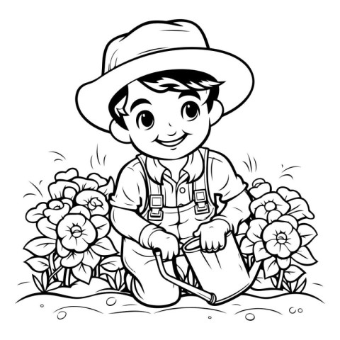 Coloring Page Outline Of a Gardener Boy Watering Flowers