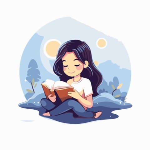 Girl reading a book in the park. Vector illustration in cartoon