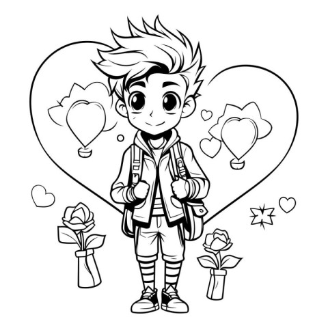 Black and white illustration of a boy with a backpack and a gift