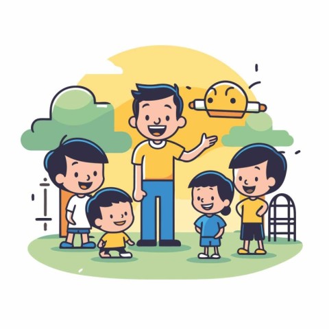 father with kids and robot in the park vector illustration eps 1