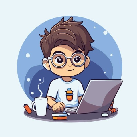 Cute cartoon boy with laptop and cup of coffee. Vector illustrat