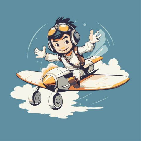 Vector illustration of a boy pilot flying on a small airplane. C