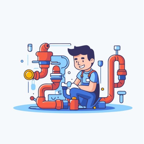 Plumber repairing water pipes. Vector illustration in flat carto