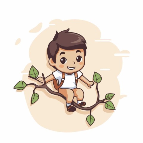 Cute little boy climbing on a tree. Vector cartoon illustration.