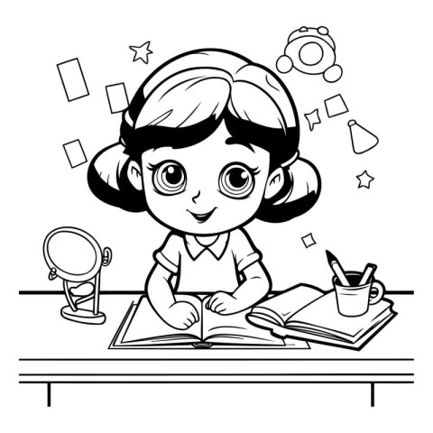 Black and White Cartoon Illustration of Little Girl Studying at