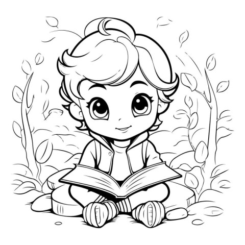 Black and White Cartoon Illustration of Cute Little Boy Reading