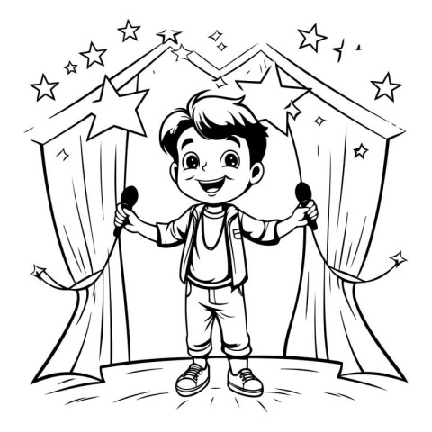 Cute little boy in a circus. Black and white vector illustration