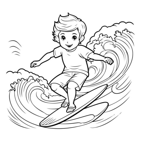 Boy riding a surfboard. Vector illustration. Coloring book for c