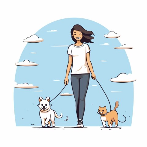 Young woman walking with her dogs. Vector illustration in cartoo