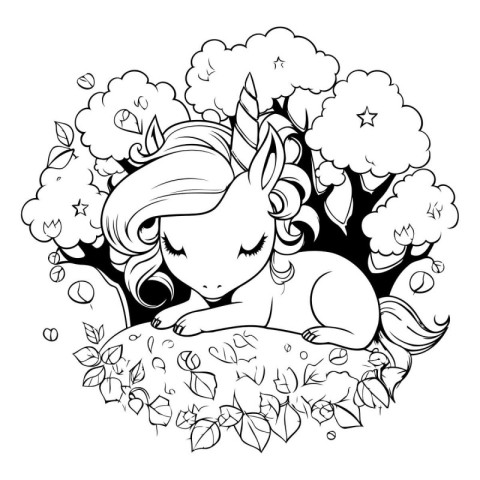 Black and white illustration of a cute unicorn sleeping on a hil