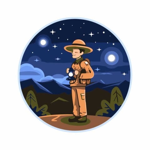 Hiker with backpack in the mountains at night. Vector illustrati