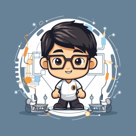 Cute boy in science concept. Vector illustration. Cartoon style.