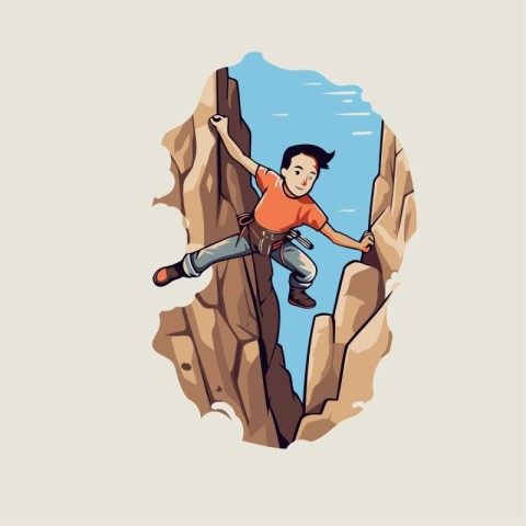 Young man climbing on a cliff. Vector illustration in cartoon st