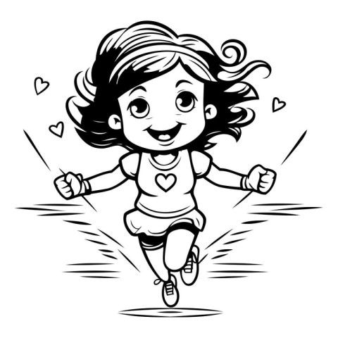 Black and White Cartoon Illustration of Cute Little Girl Running