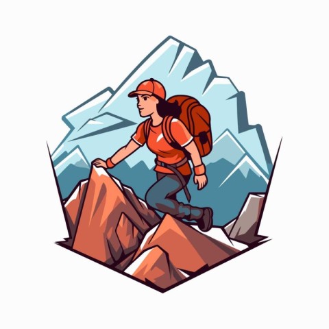 Mountain climber with a backpack climbing up a mountain. Vector