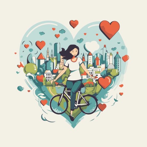 Vector illustration of a girl riding a bicycle in the heart of t