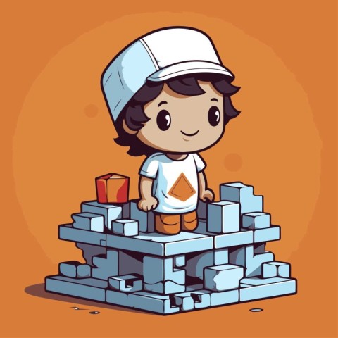 boy building a brick wall with a hat and a cap. vector illustrat