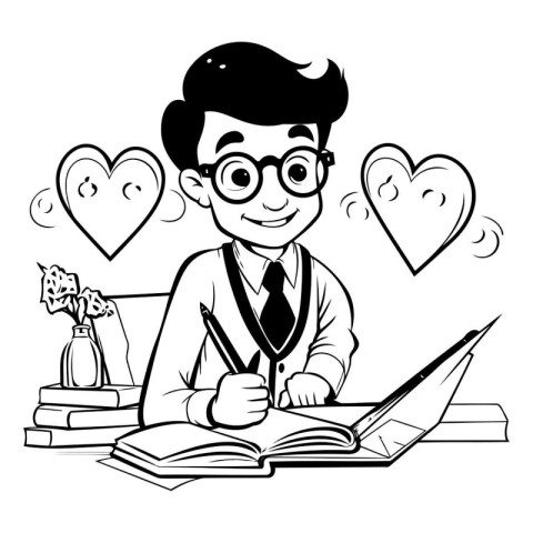 Vector illustration of a boy doing homework at home. Black and w