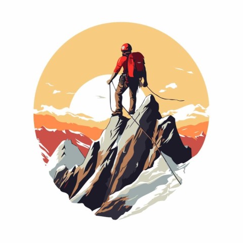 Mountaineer on the top of a mountain. Vector illustration.