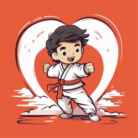 Karate boy with red belt in the form of heart. Vector illustrati