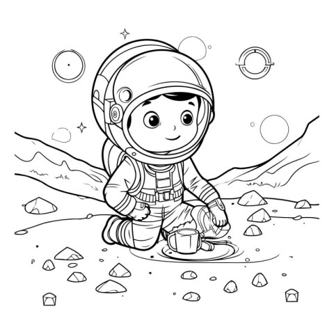 Cute cartoon astronaut sitting on the ground and drinking coffee