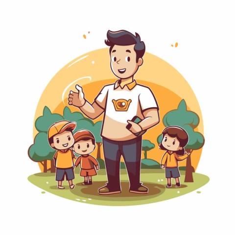 Father with children cartoon in the park vector illustration gra