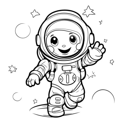 Cartoon astronaut waving hand. Black and white vector illustrati