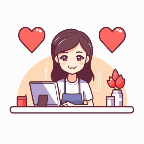 Cute woman freelancer working on laptop at home. Vector illustra